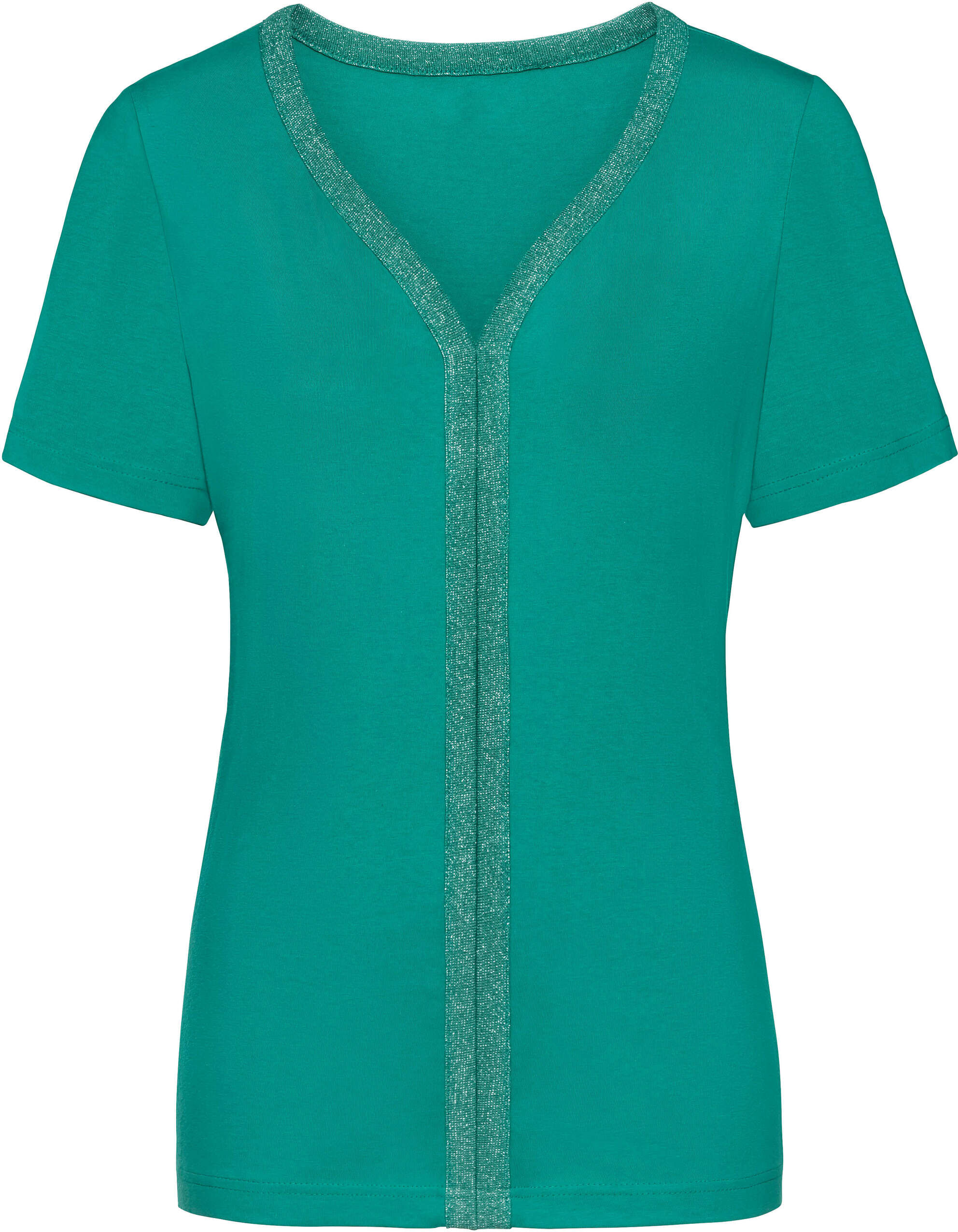 T-Shirt WITT "Shirt Kurzarmshirt mit silberfarbiger Paspel", Damen, Gr. 46, smaragd, Modisch, V-Ausschnitt, Shirts T-Shirt
