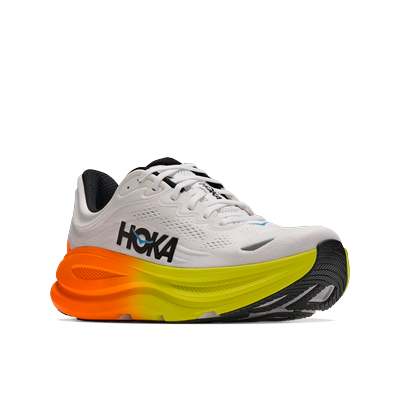 Laufschuh HOKA ONE ONE "BONDI 9", Herren, Gr. 42,5, atmungsaktiv, gelb (weiß, neon tangerine), Synthetik, Textil, Schuhe Laufschuh, atmungsaktives Mesh-Obermaterial, leicht profiliertes Laufsohlenprofil