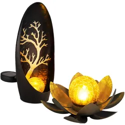 Solarleuchte Lotusblume Außen Garten Dekoleuchten Solar Außenleuchte Solar Blume, Crackle Glas Lichteffekt, 1x Lotusblume 1x Stehlampe, LED warmweiß, 2er Set