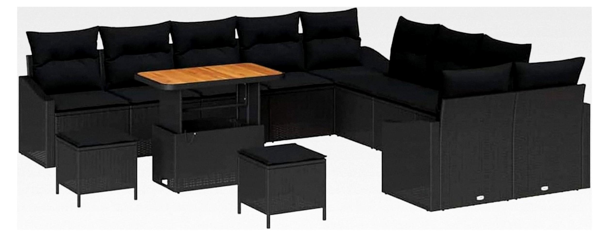Garten-Sofa-Set mit Kissen Schwarz Poly Rattan & Akazienholz 100x100x71cm für Terrasse & Sonnenbaden