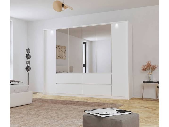 Drehtürenschrank mit Passepartout 275cm mit Beleuchtung Weiß/Alpinweiß mit Spiegeltür/-en