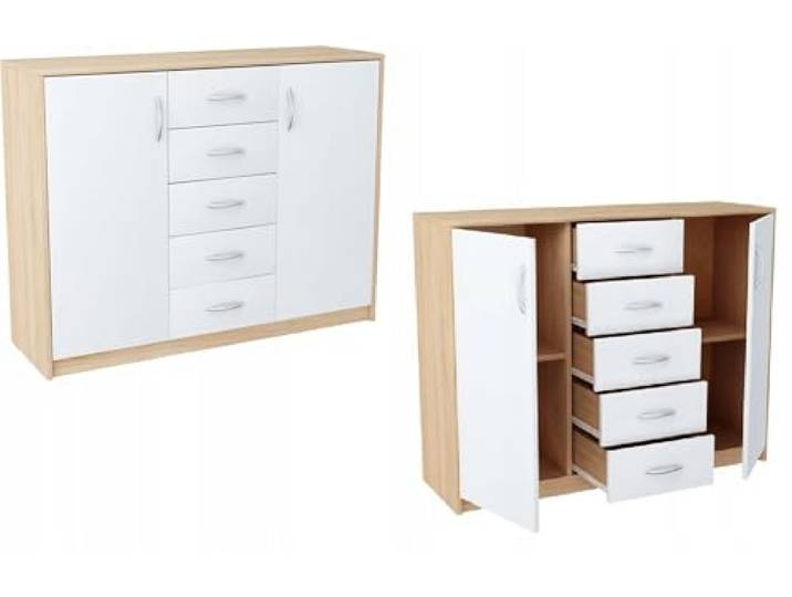 MATKAM Moderne Kommode 2D5S mit 2 Türen und 5 Schubladen - Robuste Aufbewahrungslösung für Schlafzimmer und Wohnbereiche (Sonoma Eiche-Weiß)