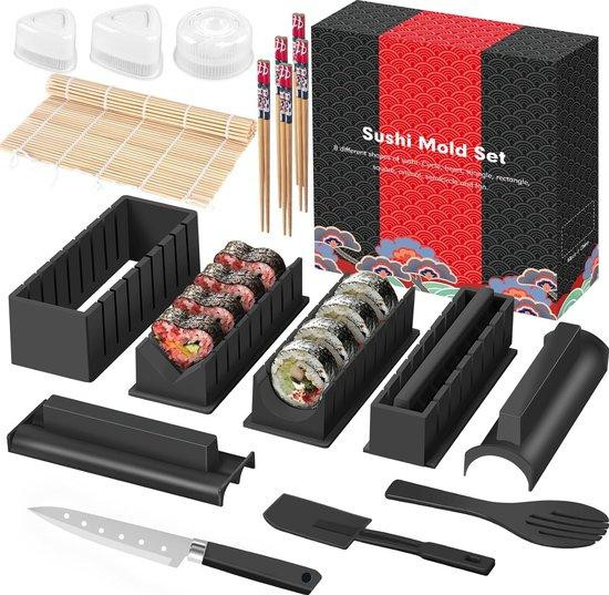 Unyqoos Sushi-maker, 17-delig complete doe-het-zelf sushi-set met 8 vormen, rijstlepel, spatel, mes, rolmat en stokjes, zwart