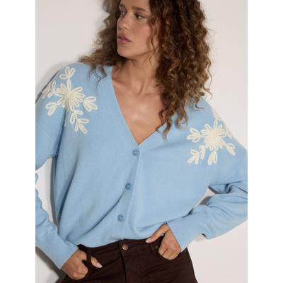 Cardigan APRICOT "Cardigan mit Blumenapplikationen", Damen, Gr. M (38), blau (himmelblau), Strick, Obermaterial: 51% Viskose CV. 29% Polyester PES. 20% Polyamid PA., uni, Modisch, Ärmelbündchen, Strickjacken, mit Stickerei