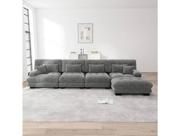 ELVORIN Canapé modulable dangle L 4 places chenille gris assise nuage ottoman mobile salon et bureau