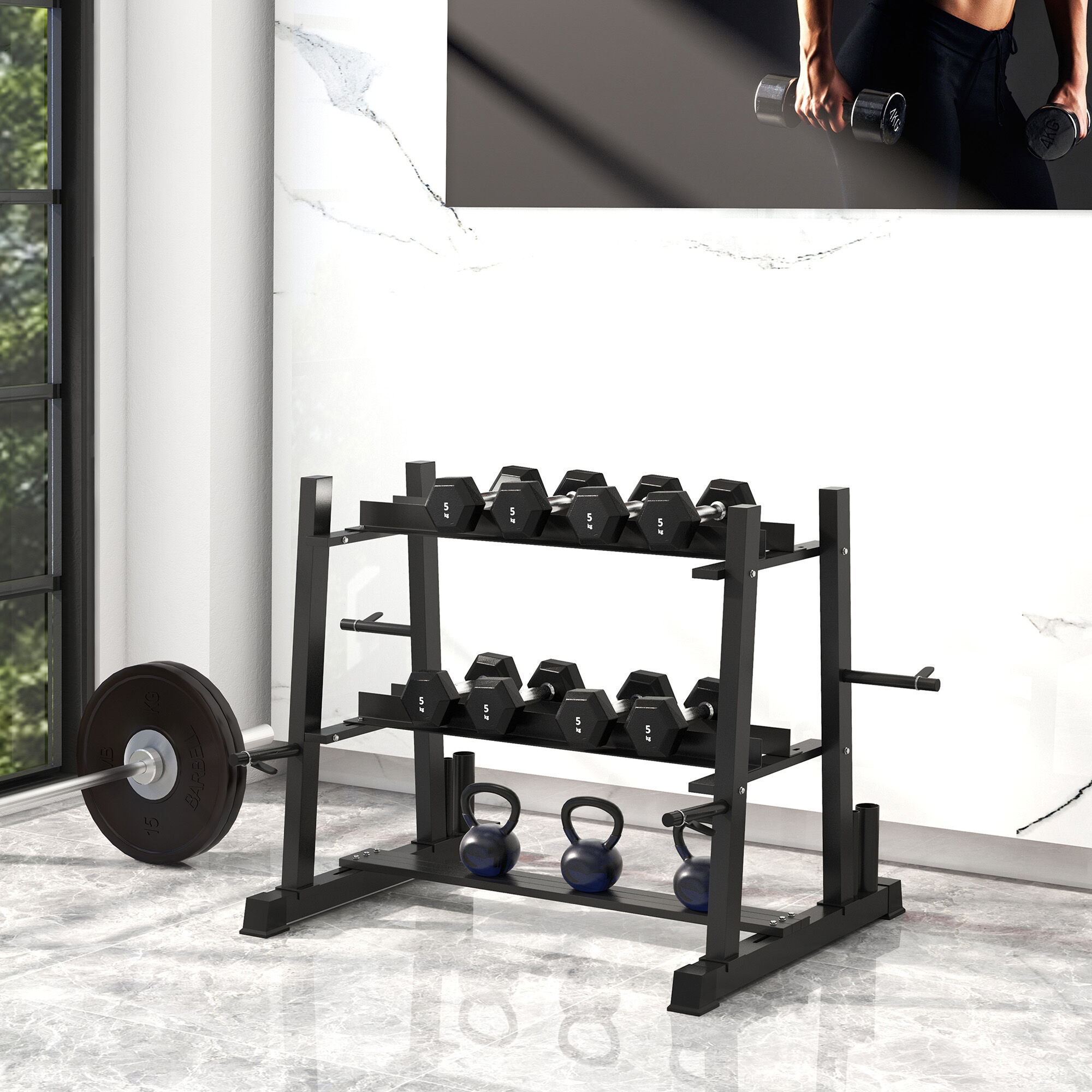 Altro Rastrelliera Per Manubri In Acciaio Con 4 Aste Regolabili Per Pesi E Kettlebell, 131x75x80 Cm, Nero
