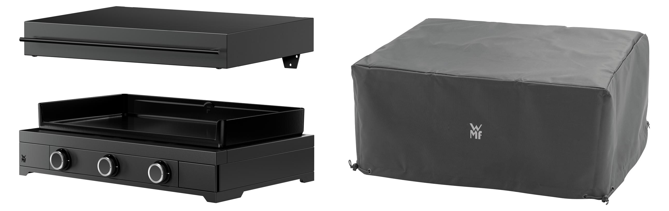 WMF Plancha Set 75G mit Plancha Grill Gas / Planchadeckel / Abdeckhaube, 7800 W, Gerätemaße 80 x 24.5 x 63 cm, Gusseisen / Stahl / Aluminium / Edelstahl, schwarz