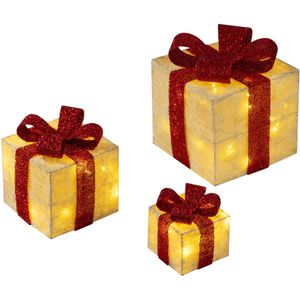 Böttcher-AG Weihnachtsdeko LED-Geschenkboxen beige, 3 Stück, Aufsteller aus Sisal und Kunststoff mit LEDs, 10x10 - 20x20 cm