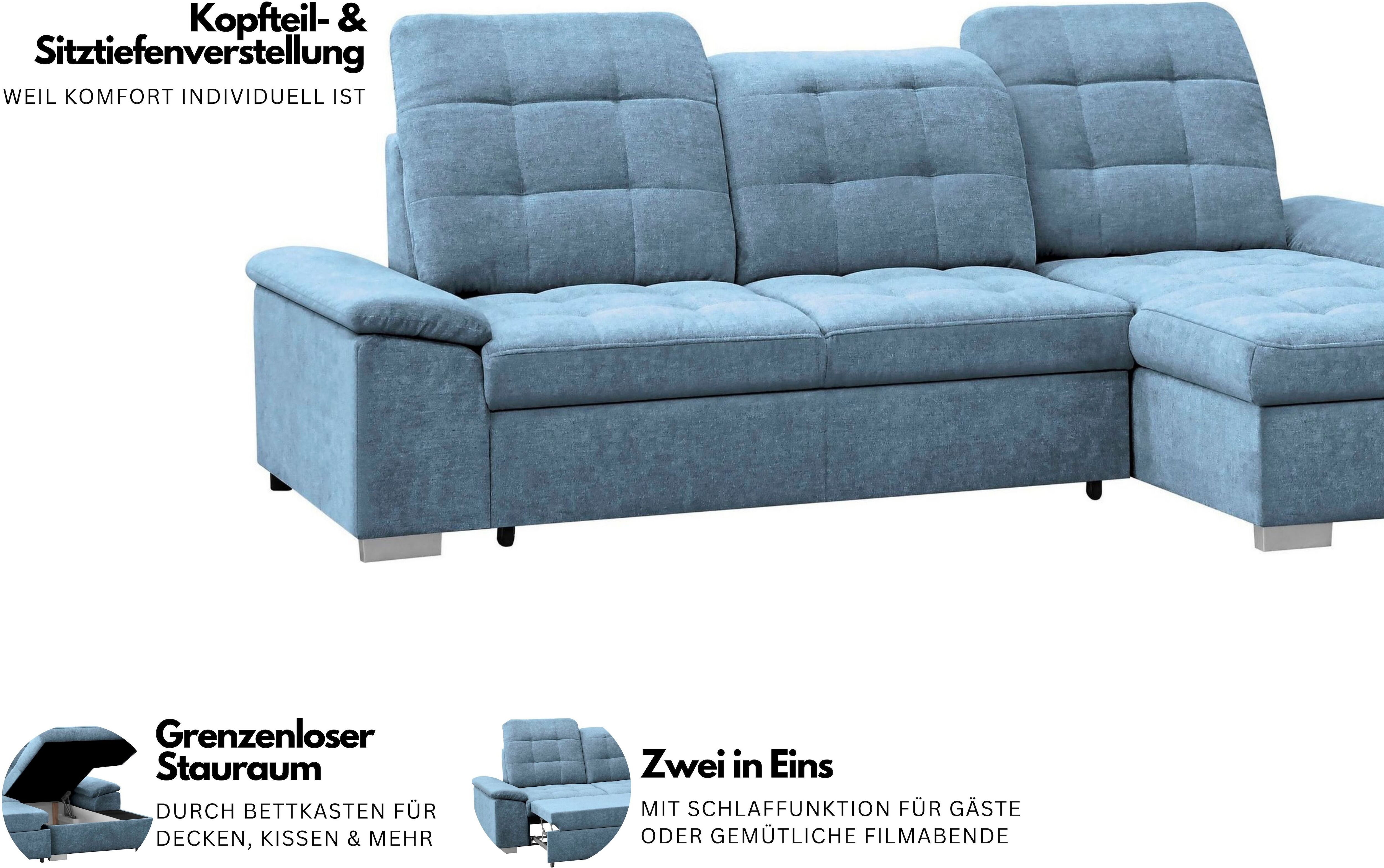Ecksofa WERK2 "Carmen inkl. Bett & Bettkasten & verstellbare Kopfstützen, bequem", hellblau, B:264cm H:105cm T:170cm, 95% Polyester, 5% Nylon, Sofas, Ecksofa, L-Form Sofa, Struktur weich, hellblau