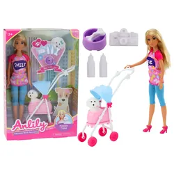 Anlily-Puppe mit einem Hund im Kinderwagen, Flaschenschüssel, Knochenapparat