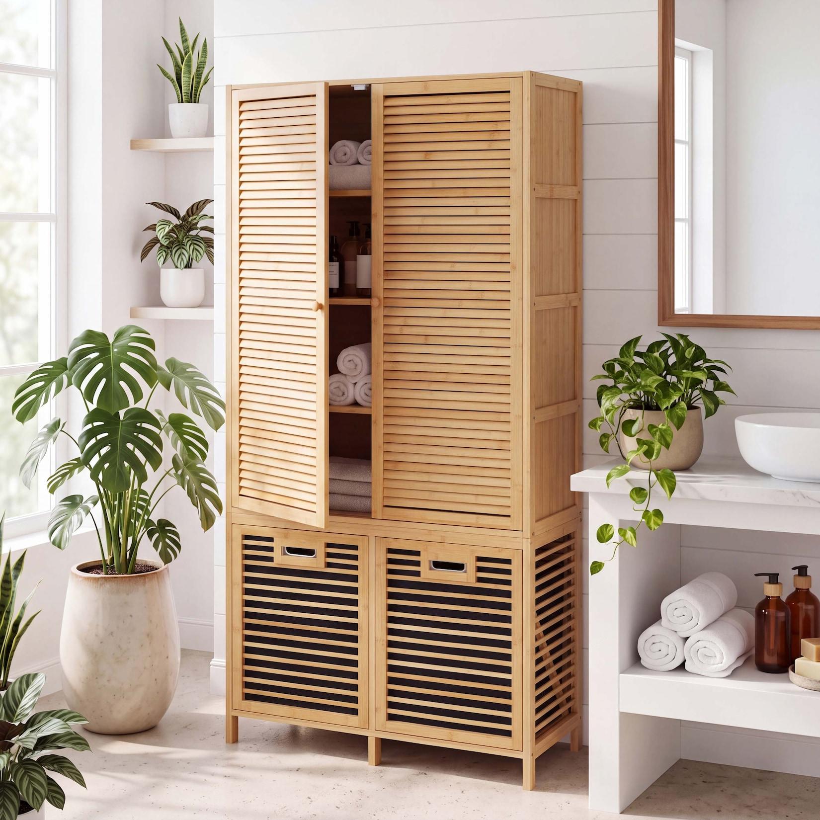 Bambus-Badezimmerschrank MCW-N83, Badregal Schrank, 2 Wäschekörbe Türen MVG 168x82x34cm ~ natur, Korb anthrazit