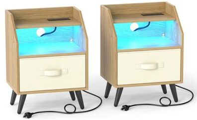 Costway Set Of 2 Nightstands with LED Lights and Power Outlets for Living Room-Natrual