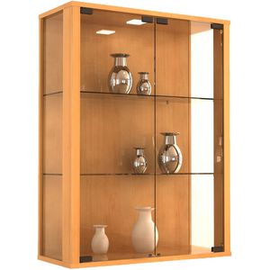 VCM Glasvitrine Udina, hängend, mit LED-Beleuchtung, 2 Fachböden, 60 x 80 x 25cm, buche
