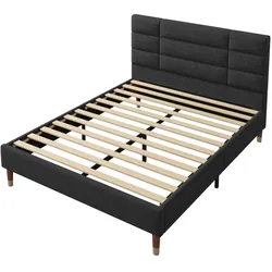 OKWISH Polsterbett 140×200 Leinen Schwarz  mit 7-Zonen Taschenfederkern H3 Matratze, Stauraum, stabilem Holz-Stahl-Rahmen