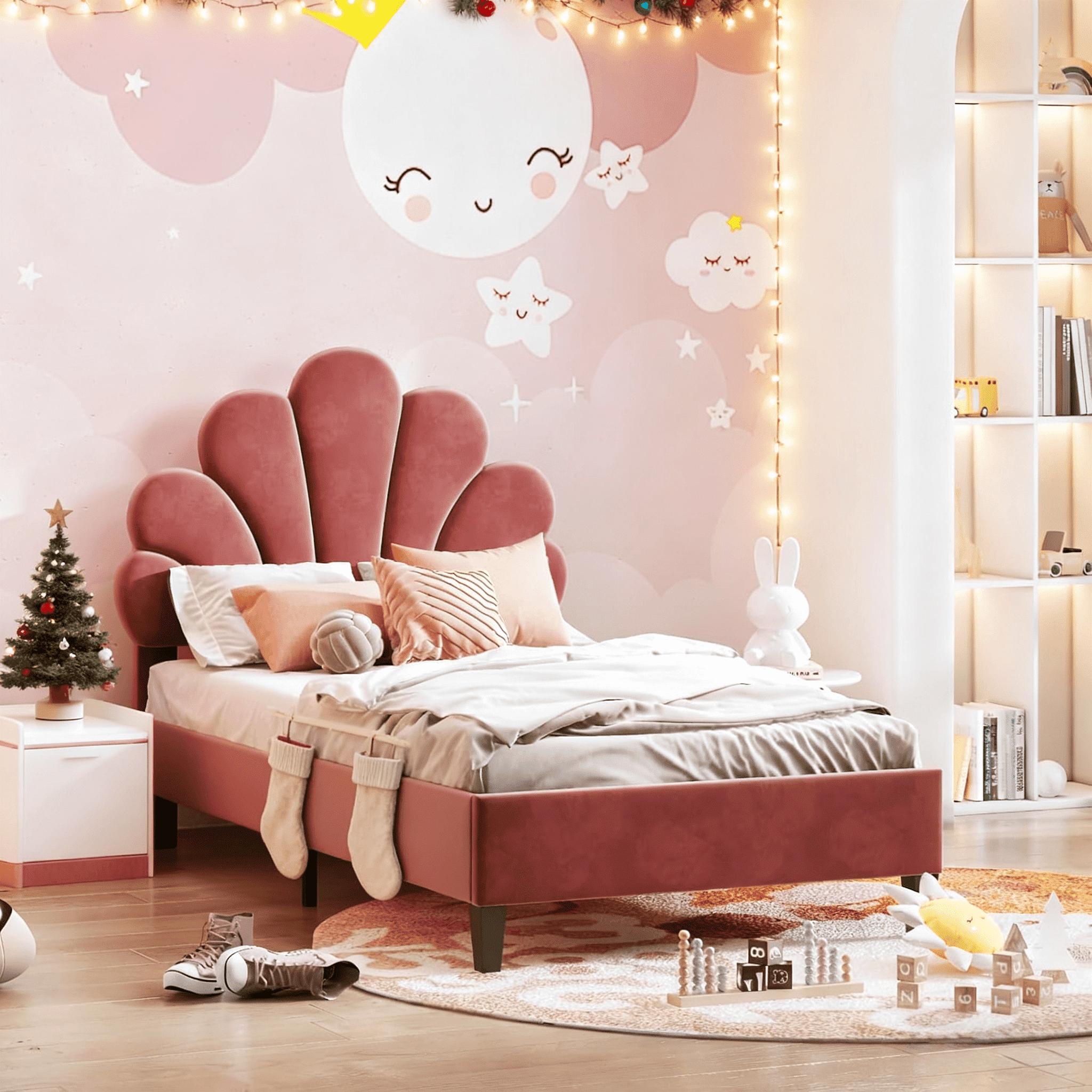Einzelbett - Bett - Schlafsofa - Kinderbett - Jugendbett - Rosa, blumenförmiges Kopfteil