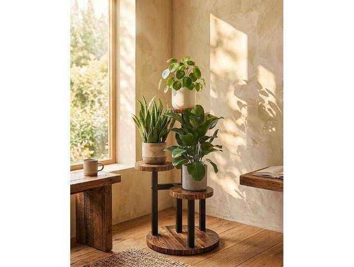 Support de plante d'angle 3 niveaux métal bois - Étagère à fleurs salon intérieur jardin extérieur - Sans plantes incluses
