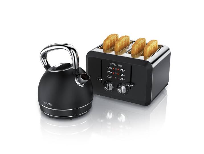 Arendo Frühstücks-Set Edelstahl Wasserkocher 1,7l, 4-Scheiben Kurzschlitz Toaster, schwarz (2-tlg), Frühstücksset, Wasserkocher Retro, Toaster Vintage, 2 Rösteinheiten
