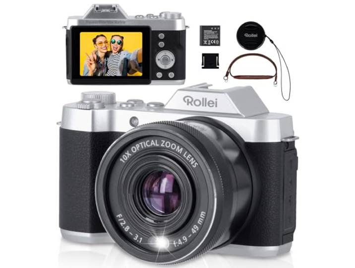 Rollei Powerflex 10 x retro digitale camera, 64 MP 4K fotocamera met accu en 10 x digitale zoom fototoestel met 8 fotomodi 2,88 inch IPS-display draagbare compacte camera vintage, digitale