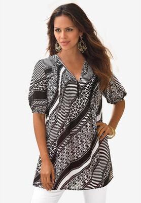 Plus Size Women's Printed Y-Neck Georgette Top by Roaman's in White Mixed Geo (Size 22 W)
