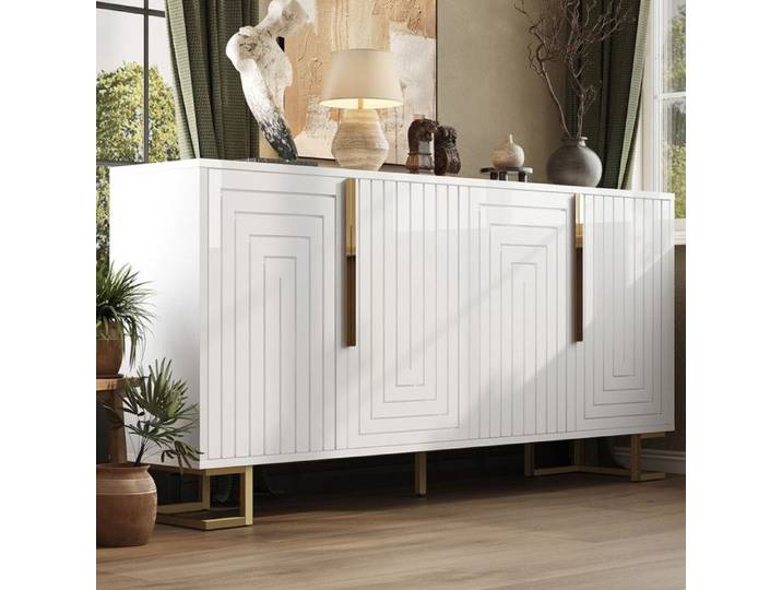 Buffet bas 152x40x75 cm avec des poignées et pieds dorés Buffet de cuisine en design géométrique Buffet salon en blanc