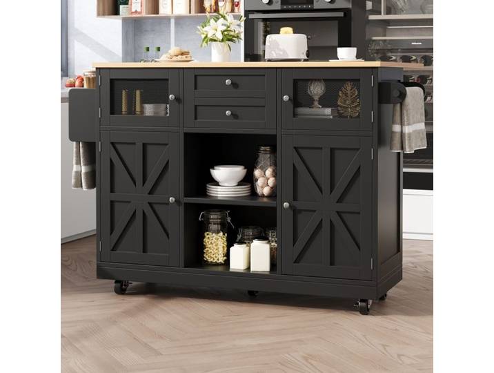 Ilot central cuisine avec plan de travail buffet avec veinage de bois porte-serviettes latéral avec roulettes noir