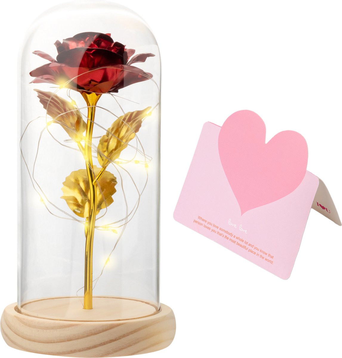 Eeuwige Rode Roos in Glazen Stolp met Gouden Details en LED Verlichting