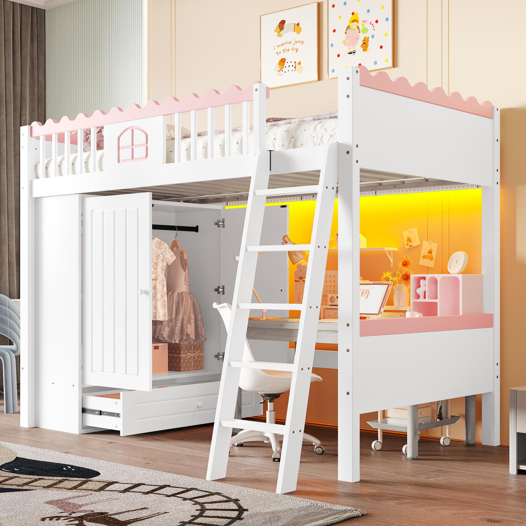 Sweiko Hochbett, Einzelbett(Ohne Matratze), Kinderbett, mit LED-Leuchten, mit Kleiderschrank, mit Ablageschublade, EN747 , Kiefernholz, 90x200cm, Weiß