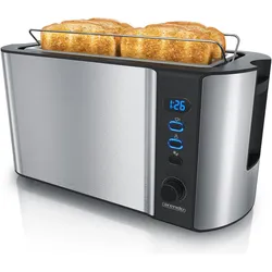 Arendo Edelstahl Toaster 4 Scheiben Langschlitz, Doppelwand, Brötchenaufsatz, Display mit Restzeitanzeige, Toaster, Silber
