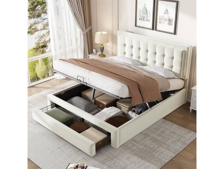Dripex Lit Double 140 x 200cm en velours pour adulte Lit rembourré avec tiroir et sommier à lattes Beige