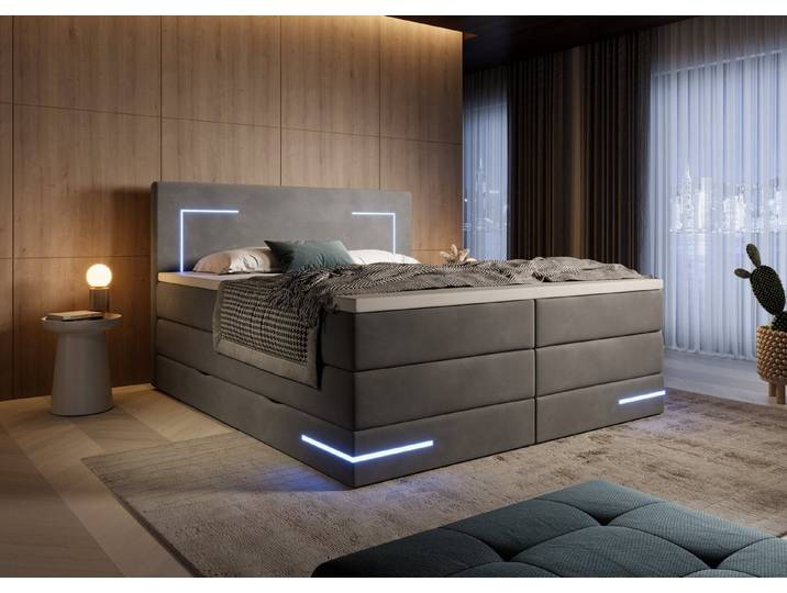 wonello Boxspringbett Detroit, Samt Bett mit LED Beleuchtung, Bettkasten und Topper