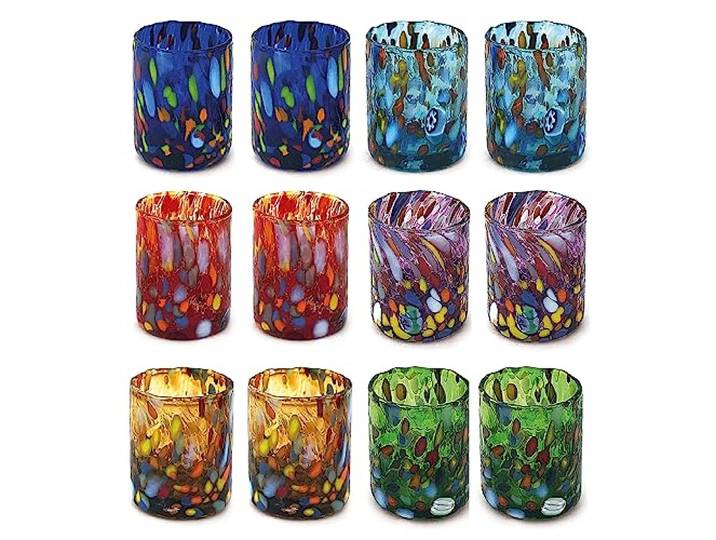 MAZZEGA ART & DESIGN Shot-Gläser für Tequila und Likör aus mundgeblasenem und handgearbeitetem Murano-Glas mit Muranoglas-Murrinen, Murano-Farben, Modell SHOT 70 ml (MIX, 12)