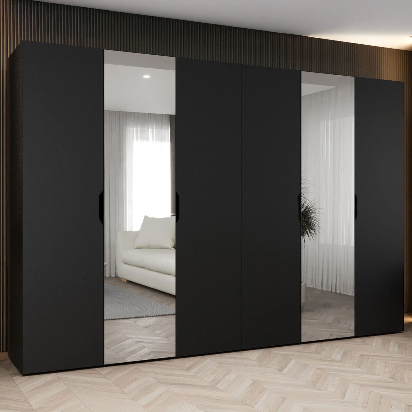 garneroarredamenti Armadio 300x202 cm 6 ante con specchio nero opaco Valencia
