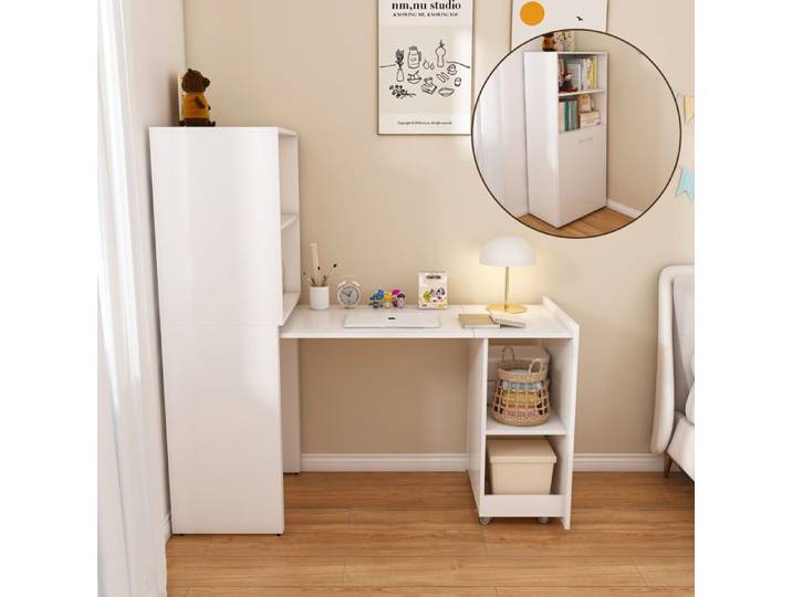 Bureau secrétaire extensible 2-en-1 étagères réglables et plateau coulissant - HAVRYA - MDF blanc Chambre Bureau