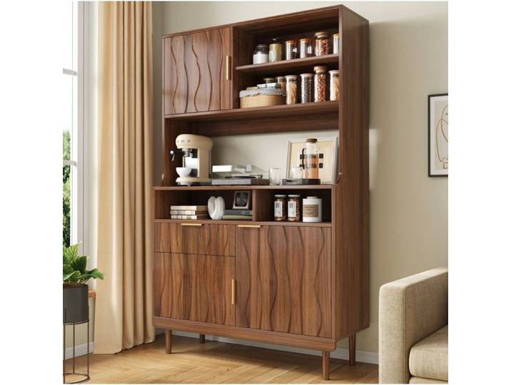 HOMVRA Buffet haut 100 x 32 x 170 cm étagères ouvertes 3 portes tiroir noyer