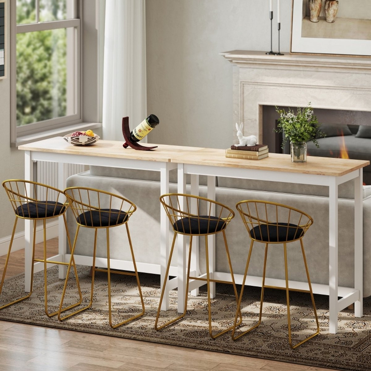 MODFU Bartafel Eikenlook, compacte sta-tafel voor 2 personen, wit gelakt met rubberwood frame