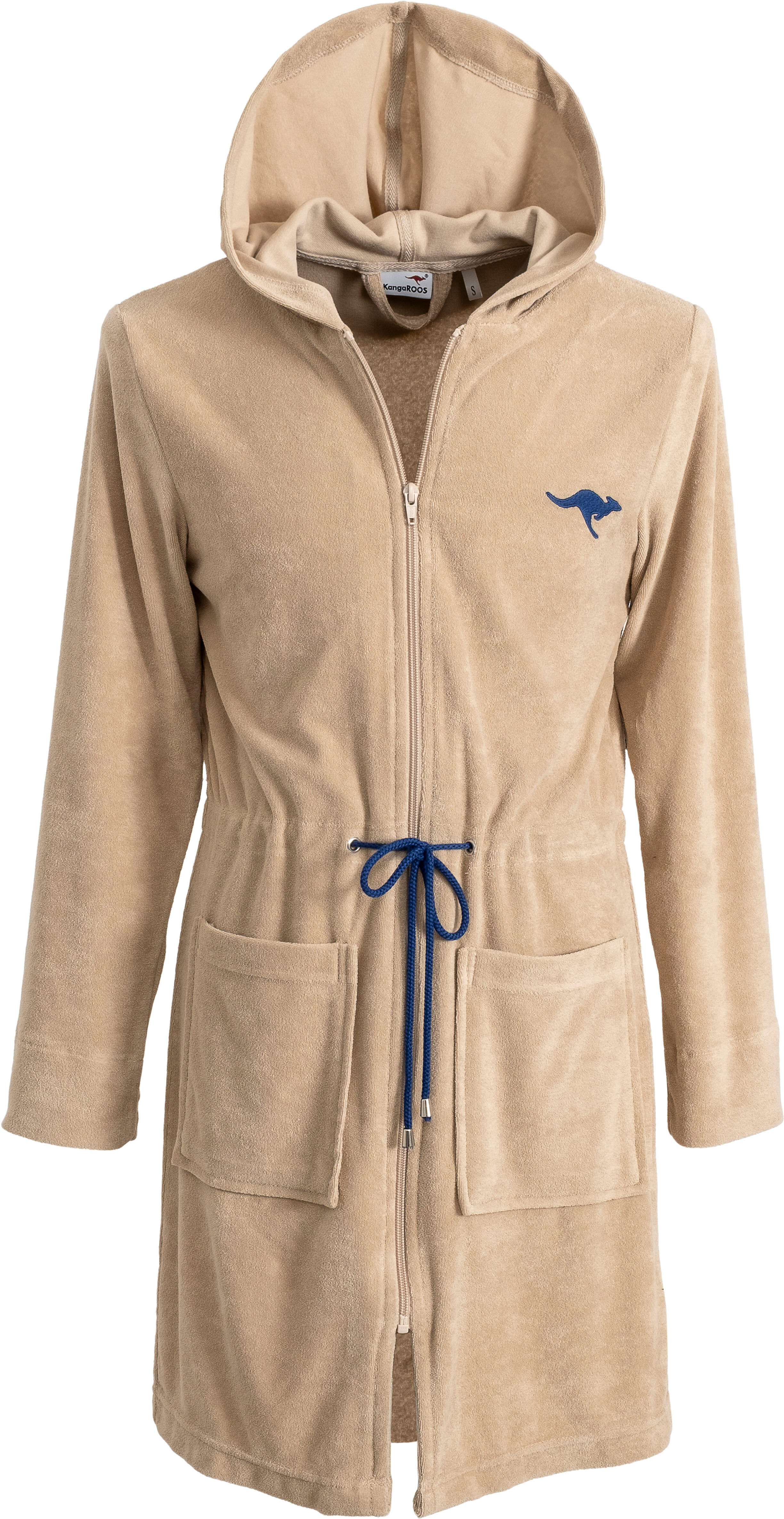 Damenbademantel KANGAROOS "Kira, ideal für Sauna & Spa, Hotelbademantel, Morgenmantel" Gr. XS, beige, L:90cm, Leichtfrottier, Hausmäntel, Damenbademantel, mit Bindekordel, kurz, Bademäntel für Damen, XS-3XL beige XS L: 90cm