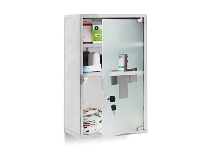 Relaxdays EMERGENCY Medizinschrank XL extra tief aus Edelstahl HxBxT: ca. 50,5 x 30 x 18 cm mit 3 Fächern und Glas-Tür zum Abschließen mit 2 Schlüsseln für kindersichere Medikamenten-Lagerung, silber