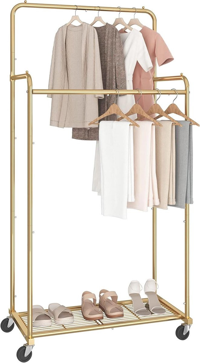 Mobiel kledingrek met wielen en dubbele stang inclusief haken voor het opbergen van kleding