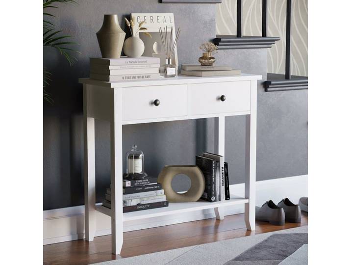 Table console Windsor avec 2 tiroir et étagère – Meuble de couloir d'appoint ou coiffeuse blanc