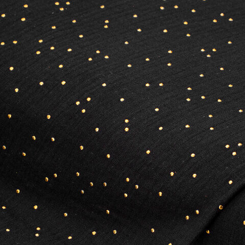 Musselin/Doppel-Gaze mit Glitzerdruck "Tupfen", schwarz/gold