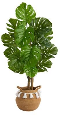 Nearly Natural 4' Monstera Artificial Tree in Boho Chic Handmade Natural Cotton Woven Planter with Tassels UV Resistant (Indoor/Outdoor)