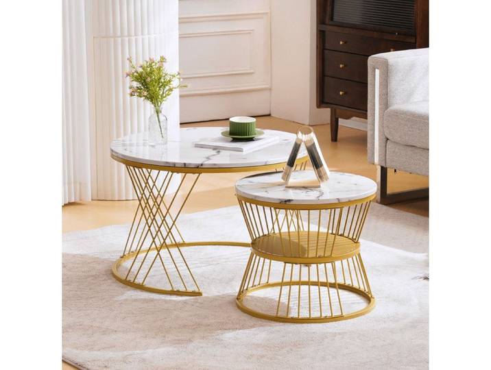 VUENOR Table basse gigogne ronde lot de 2 blanc et or – design modulable gain de place