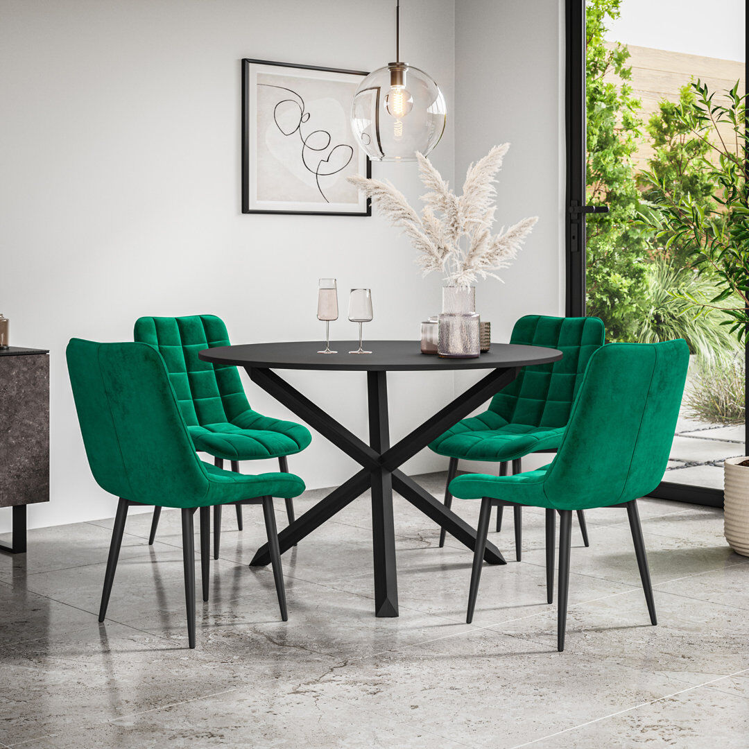 Metro Darcus 120cm Round Dining Table Set with 4 Nova Velvet Chairs Black/Black/Green 4