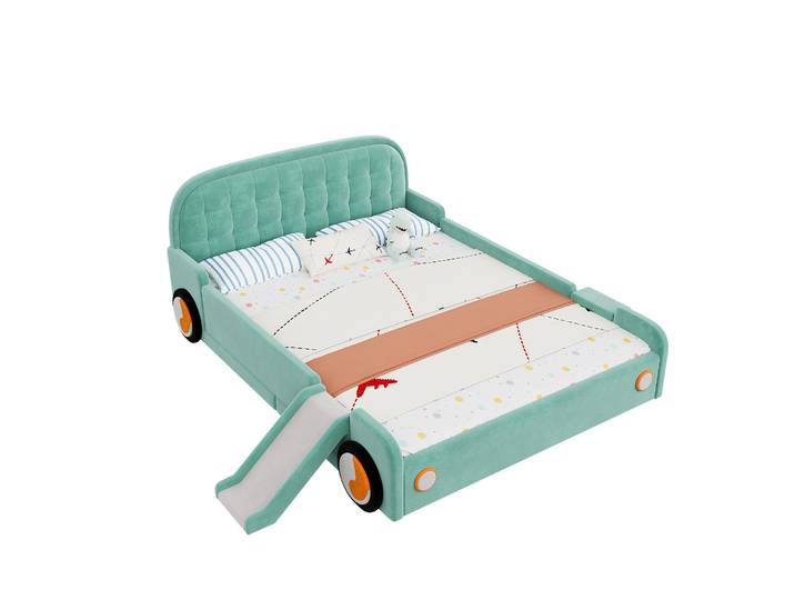 Chicfurn Lit Enfant Voiture 140x200 Cm Avec Toboggan Et Escalier Réversibles\, Lit Rembourré En Velours Bleu-vert Avec Barrières De Sécurité Pour Chambre