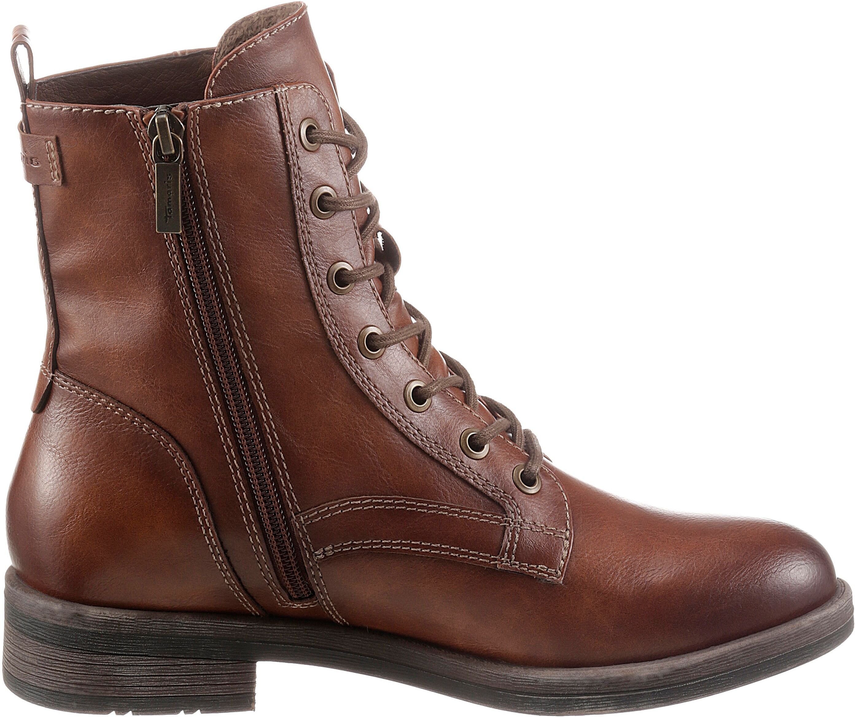 Schnürstiefelette TAMARIS "SHAE", Damen, Gr. 41, wärmend, braun (cognac), Lederimitat, unifarben mit Farbeinsatz, Schuhe Schnürstiefelette, Stiefelette mit Reissverschluss, Schnürstiefelette für Damen cognac 41, wärmend
