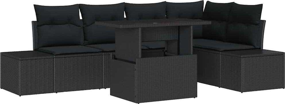 Modulares Gartenmöbel-Set, Outdoor-Sofa mit höhenverstellbarem Tisch, Poly-Rattan Schwarz, 6-teilig, für 5 Personen, mit Kissen