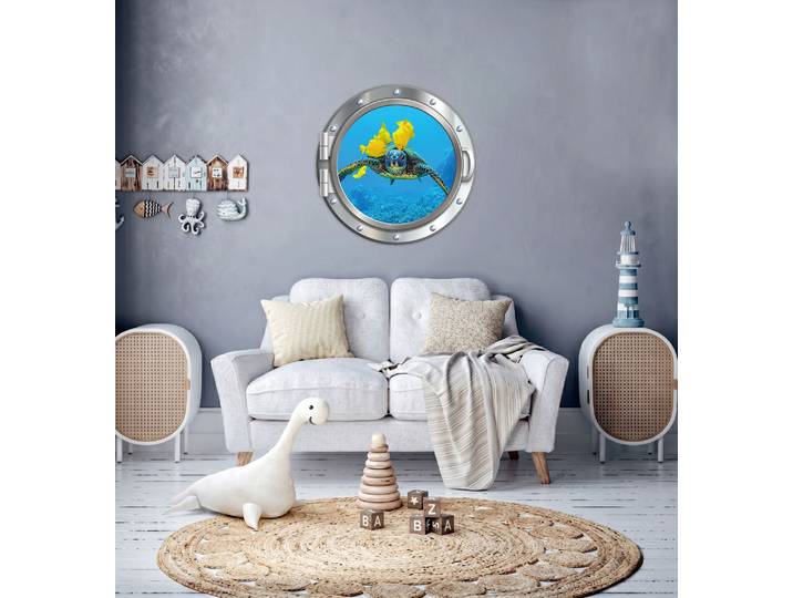 Wandsticker QUEENCE 3D Bullauge Illusion Unterwasserwelt Schildkröte 40x40 cm , bunt (silberfarben 2), Ø:40cm, Vinyl, Wandtattoos, Wandsticker, Selbstklebender Wanddurchbruch Unterwasser