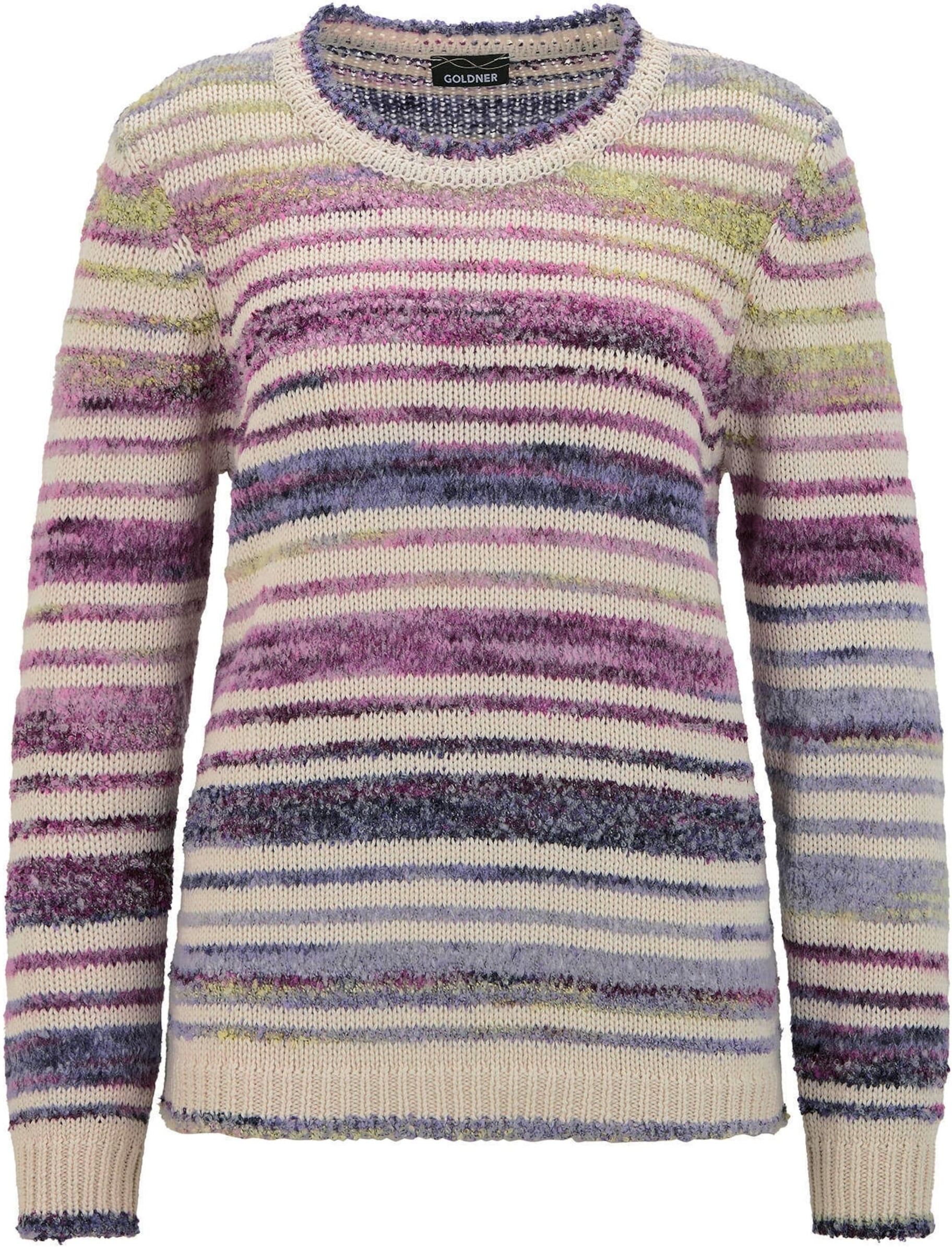 Rundhalspullover GOLDNER "Streifenpullover mit Struktur", Damen, Gr. 42, bunt (beere, gemustert), Modern, gerade, Rundhals, Rippbündchen, Pullover Rundhalspullover, Effektgarn mit verstrickt