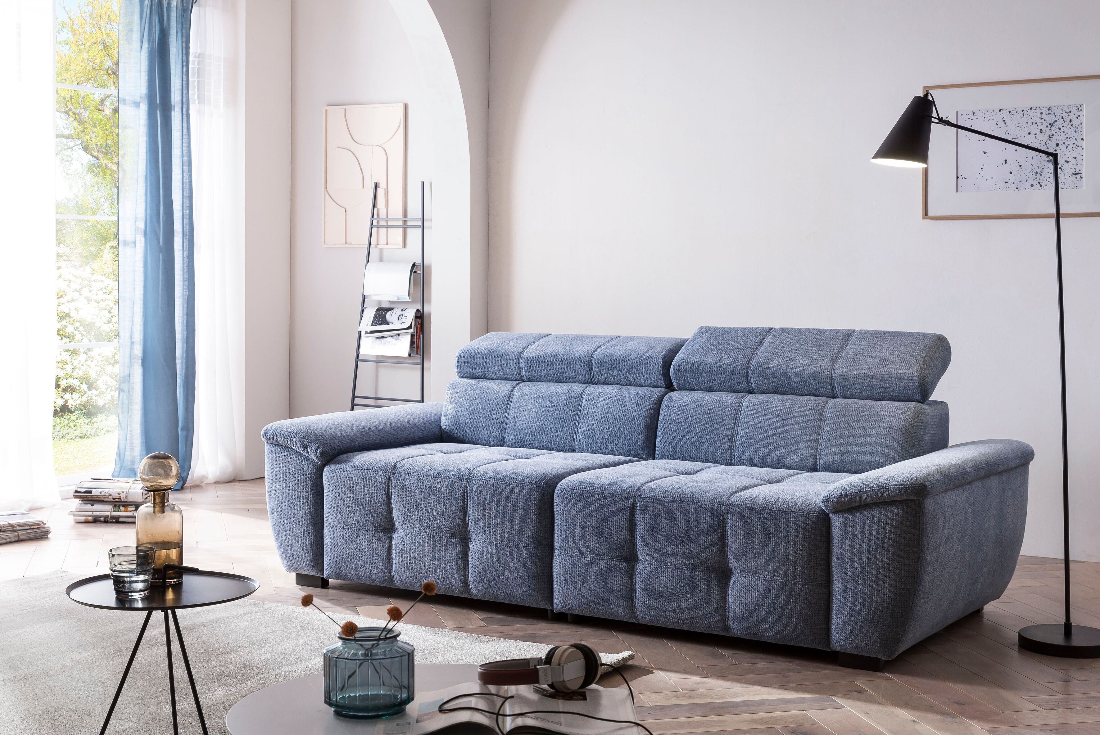 Big-Sofa EXXPO - SOFA FASHION "Exxpo MAVERICK, weicher Bezugstoff, hoher Sitzkomfort, Breite 240cm", blau (denim), B:240cm H:80cm T:107cm, Sofas, Big-Sofa, inkl. verstellbare Kopfstützen, aufwendige Detailverarbeitung