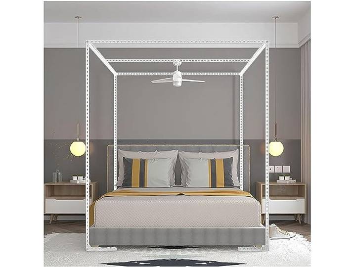 AdeptT Bettrahmen aus Metall, einfacher 4-Ecken-Pfostenvorhang, Betthimmel, verstellbarer Betthimmel, Gestänge, Edelstahl, für Schlafzimmer-Dekoration, weiß, King-L